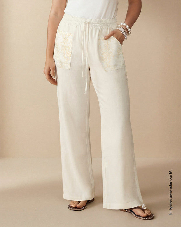 Pantalón bota recta con bolsillos bordados