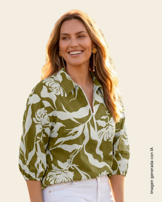 Blusa fluida con mangas con volumen#color_061-hojas