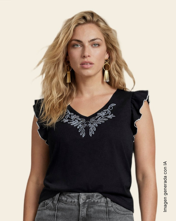 Camiseta de mangas con vuelo y estampado localizado