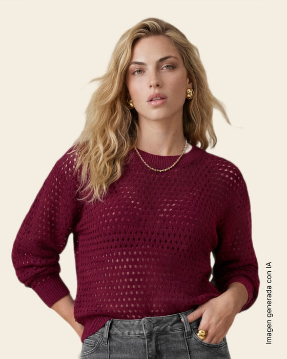Buzo tejido abierto de cuello redondo#color_c34-vino