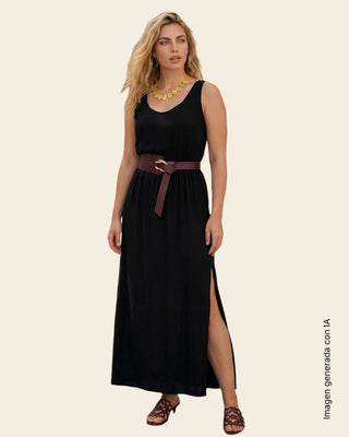 Vestido largo con cintura marcada y bordados en escote#color_700-negro