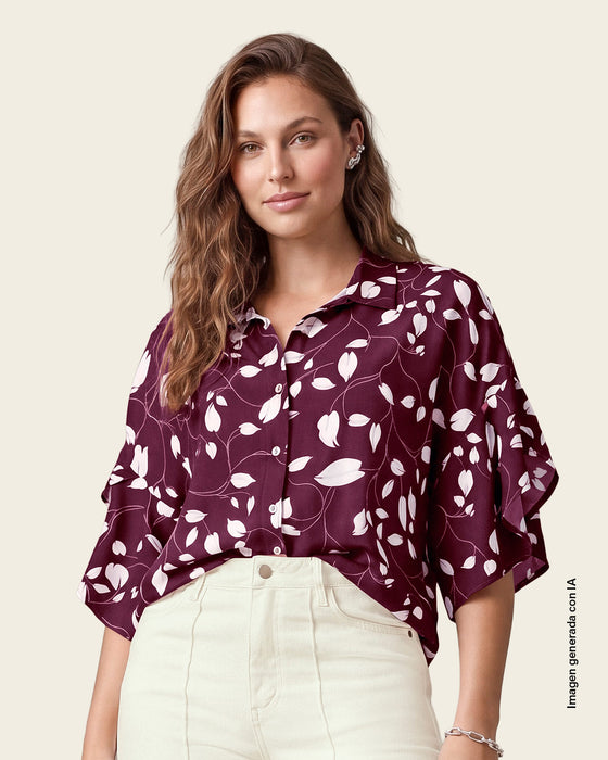 Camisa 3/4 amplia con mangas de vuelo#color_173-vino