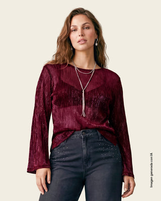 Camiseta manga larga con brillo y textura#color_349-vino
