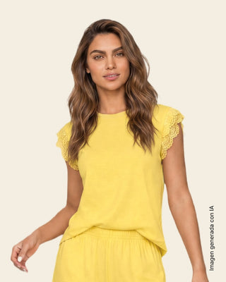 Camisa manga corta con encaje#color_111-amarillo-claro