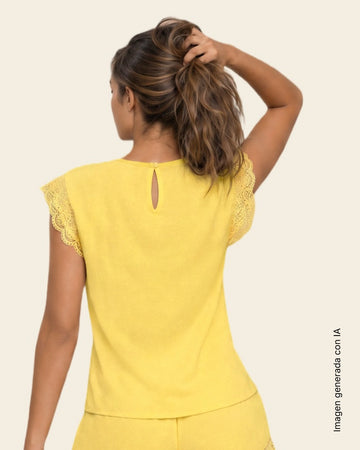 Camisa manga corta con encaje#color_111-amarillo-claro