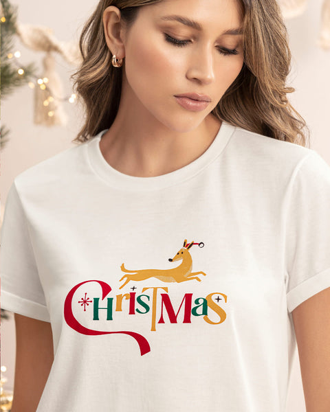 Camiseta manga corta de pijama para mujer con estampado de navidad#color_395-marfil