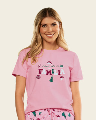 Camiseta manga corta de pijama para mujer con estampado de navidad#color_c68-rosado