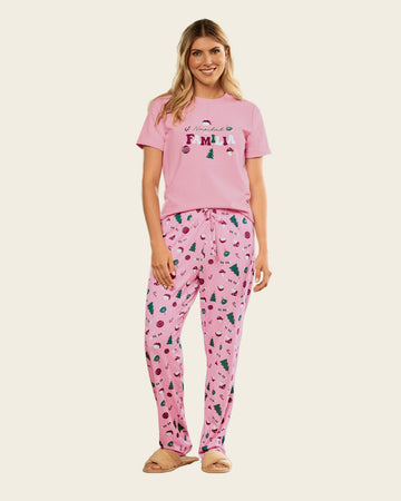 Camiseta manga corta de pijama para mujer con estampado de navidad#color_c68-rosado