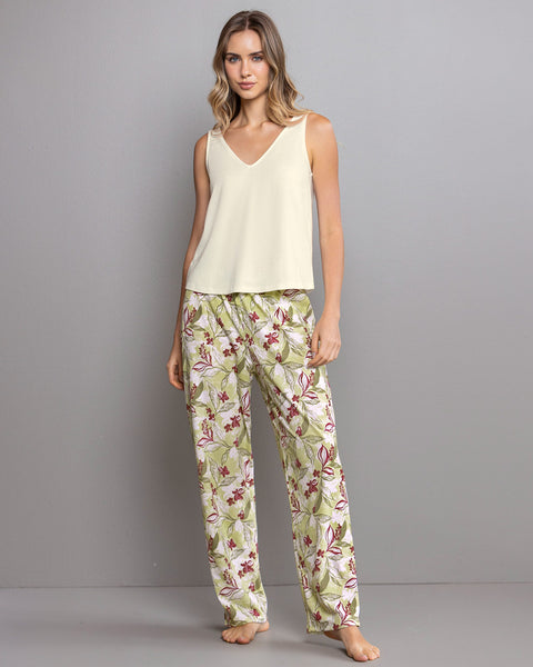 Pantalón largo estampado con elástico en cintura#color_060-hojas