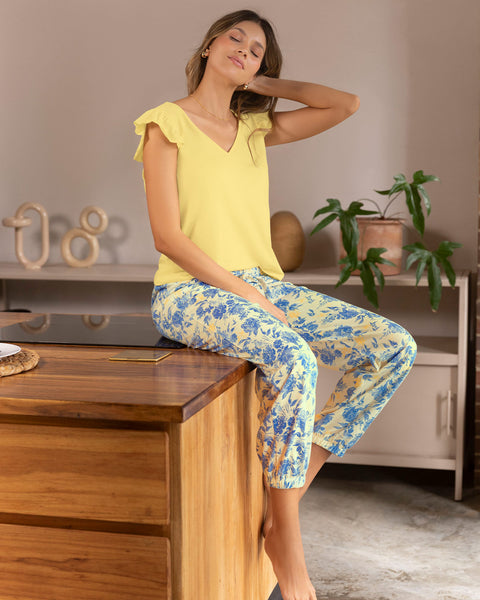 Pantalón tipo jogger con tira gruesa#color_086-amarillo-flores