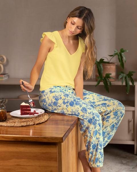 Pantalón tipo jogger con tira gruesa#color_086-amarillo-flores