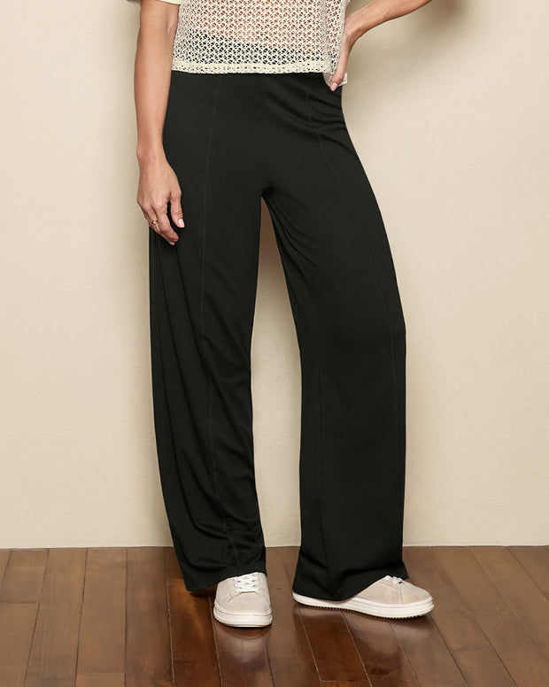 Pantalón bota recta con elástico en cintura y costuras decorativas