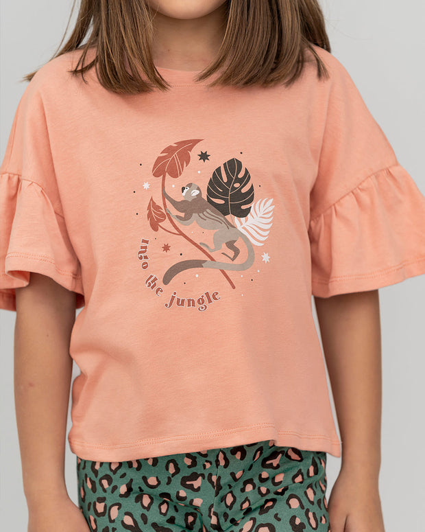 Camiseta manga corta con boleros en mangas para niña#color_301-rosado-anaranjado