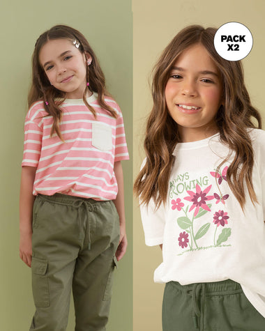 Paqueta x2 camisetas manga corta infantiles#color_s01-rayas-rosas-marfil-estampado-flores