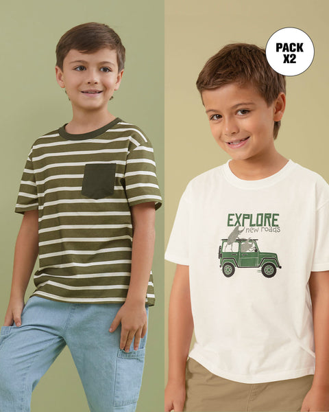 Paqueta x2 camisetas manga corta infantiles#color_s02-rayas-verdes-marfil-estampado