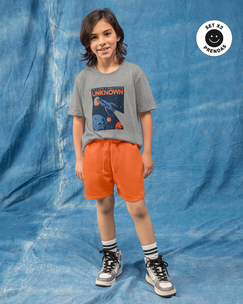Paquete camiseta manga corta + bermuda para niño#color_s01-gris-jaspe-y-naranja