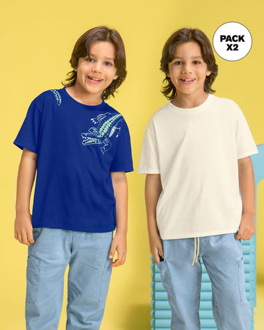 Paquete x2 camisetas manga corta para niña#color_s05-azul-estampado-marfil