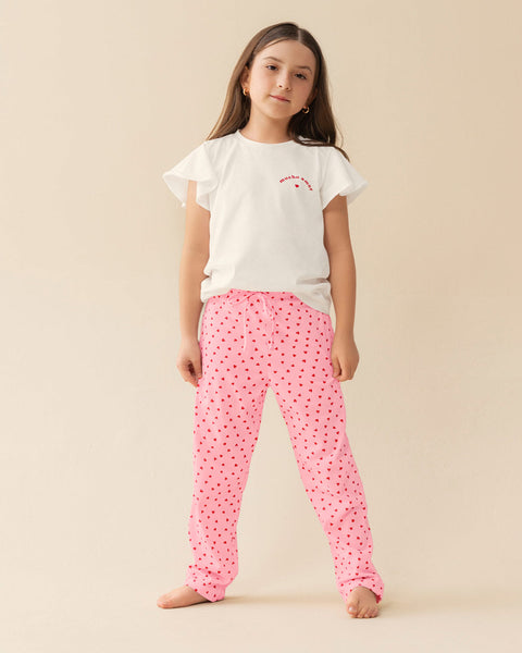 Pantalón largo con elástico en cintura y tira no funcional#color_301-rosado-estampado-corazones
