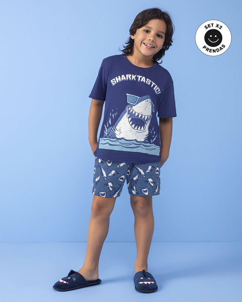 Camiseta manga corta con estampado + Bermuda con elástico y cordón en cintura#color_s01-azul-osc