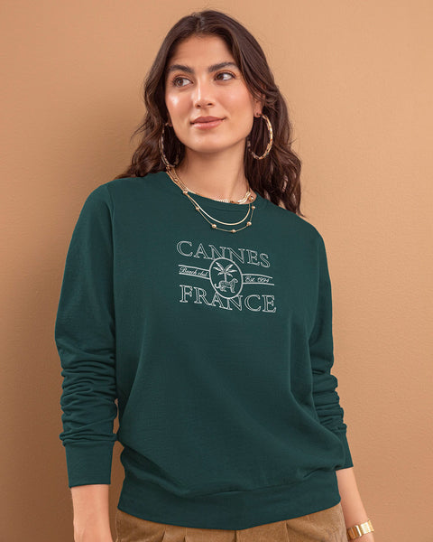 Buzo manga larga con estampado localizado de cuello redondo#color_171-verde