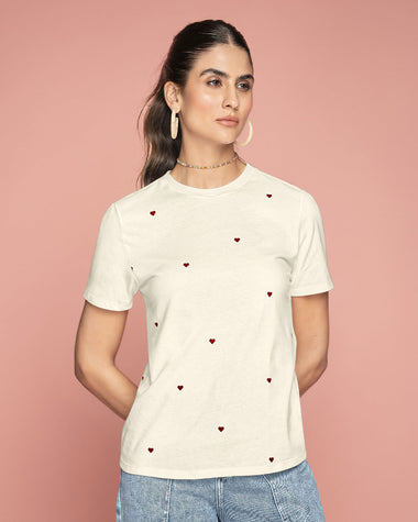 Camiseta en algodón manga corta con estampado localizado#color_192-fondo-marfil-estampado
