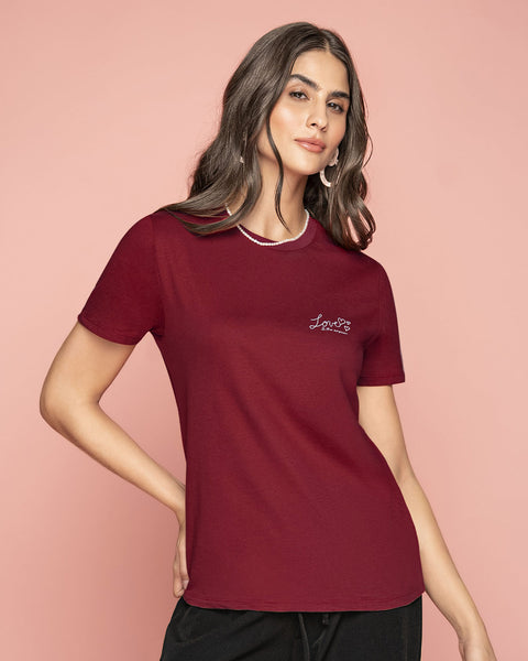 Camiseta en algodón manga corta con estampado localizado#color_349-vino