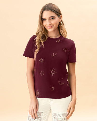 Camiseta en algodón manga corta con estampado localizado#color_c37-vino