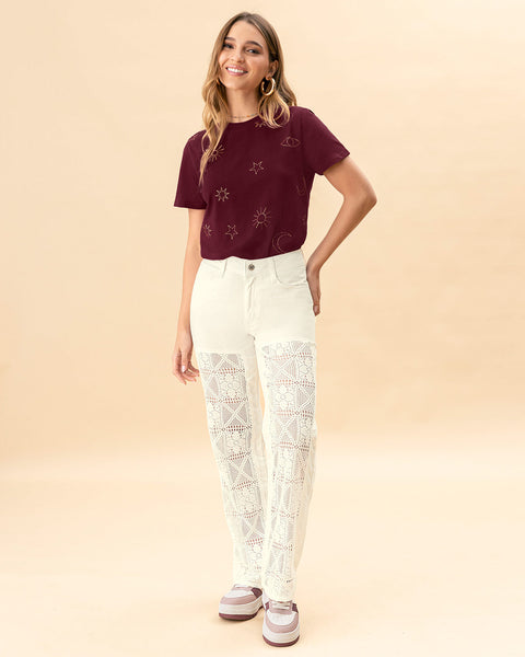 Camiseta en algodón manga corta con estampado localizado#color_c37-vino