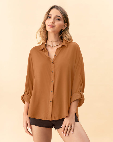 Blusa manga larga abotonable con charreteras en mangas#color_c19-ocre