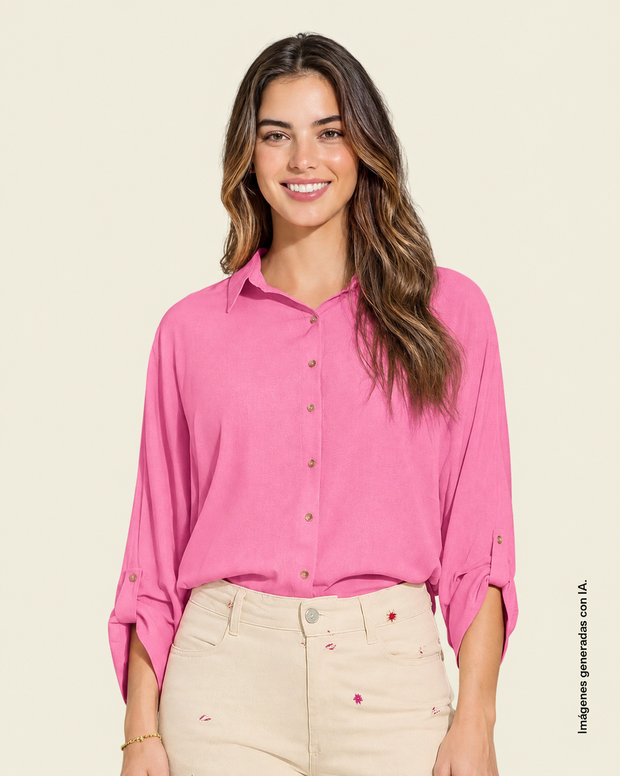 Blusa manga larga abotonable con charreteras en mangas