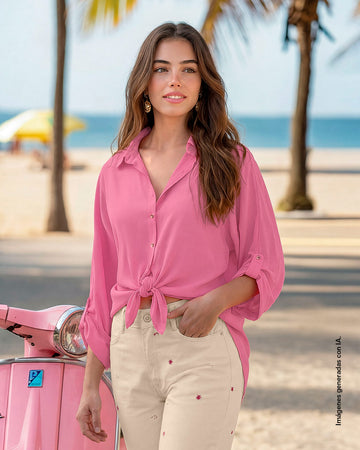 Blusa manga larga abotonable con charreteras en mangas#color_c29-fucsia