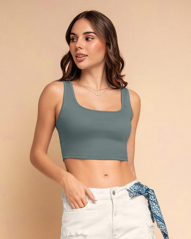 Camiseta manga sisa crop top en tejido acanalado#color_508-azul-grisaceo