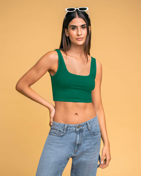 Camiseta manga sisa crop top en tejido acanalado#color_620-verde-jade