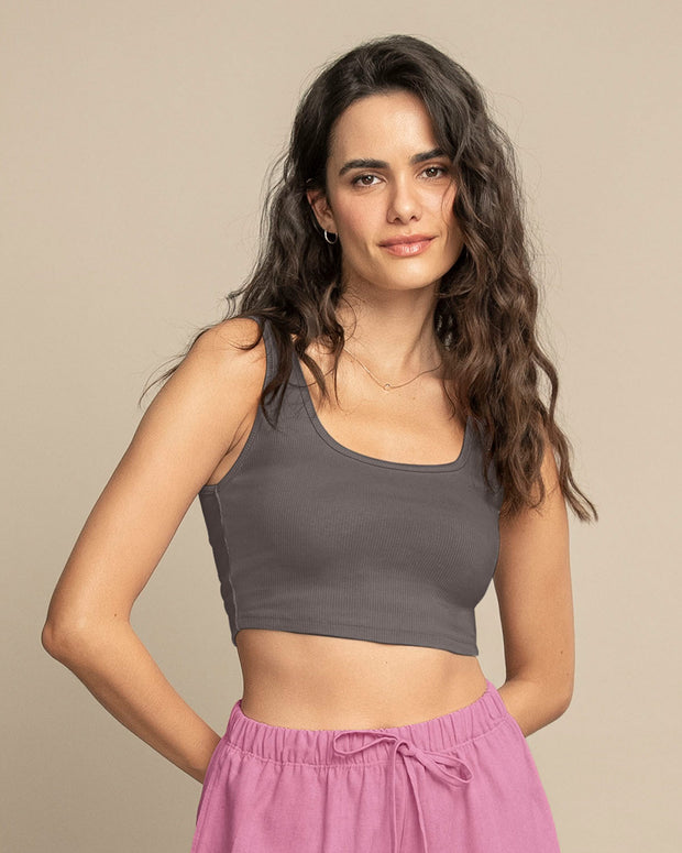 Camiseta manga sisa crop top en tejido acanalado