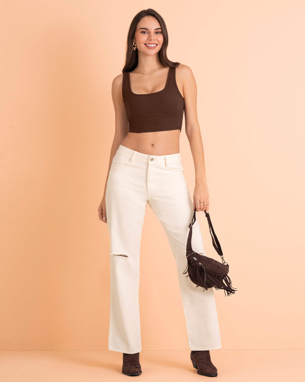 Camiseta manga sisa crop top en tejido acanalado