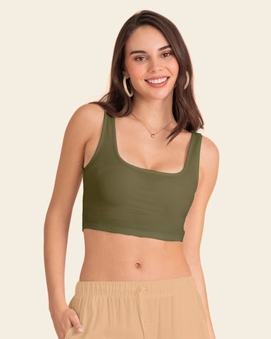 Camiseta manga sisa crop top en tejido acanalado#color_c48-verde-oliva