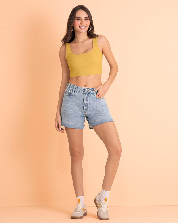 Camiseta manga sisa crop top en tejido acanalado