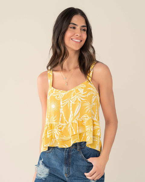 Blusa de tiritas con escote en V y boleros en ruedo#color_952-amarillo-estampado