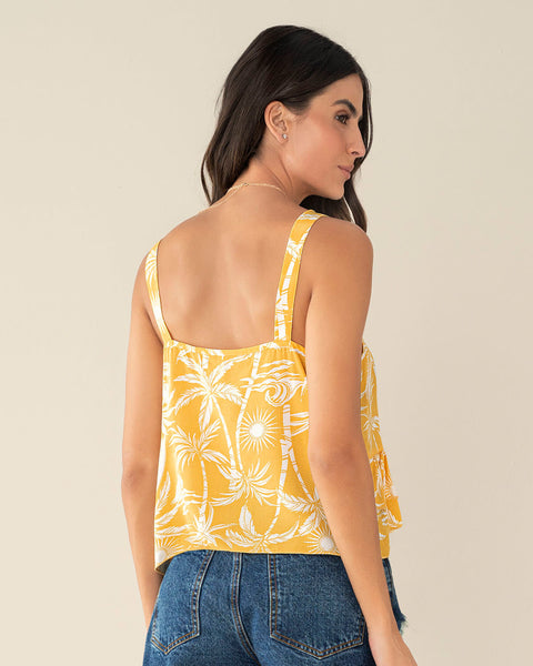 Blusa de tiritas con escote en V y boleros en ruedo#color_952-amarillo-estampado