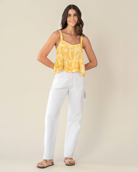 Blusa de tiritas con escote en V y boleros en ruedo#color_952-amarillo-estampado