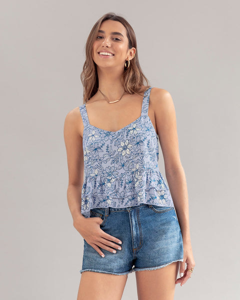 Blusa de tiritas con escote en V y boleros en ruedo#color_a61-azul-estampado