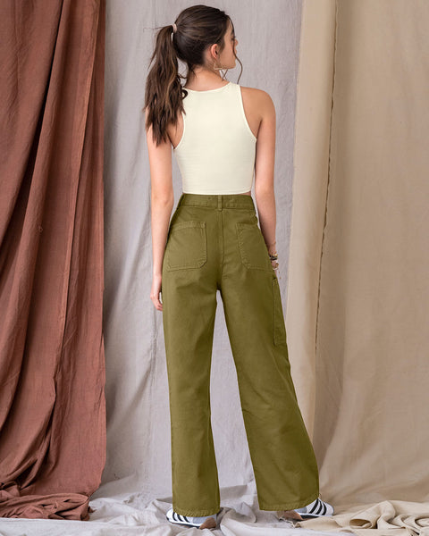 Pantalón tiro alto bota recta con bolsillo tipo cargo#color_601-verde-militar