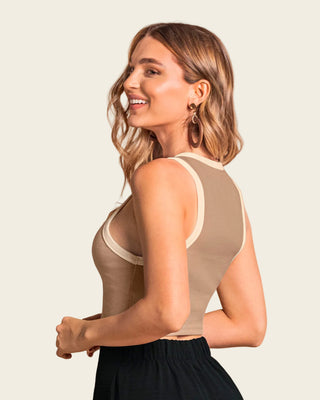 Camiseta crop top manga sisa cuello redondo#color_c54-arena