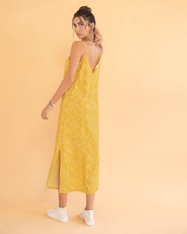 Vestido midi de tiritas con escote en V#color_013-amarillo-estampado