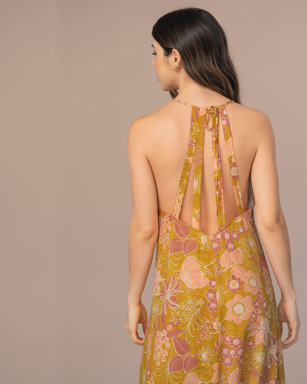 Vestido largo estampado con espalda descubierta#color_145-amarillo-estampado-flores