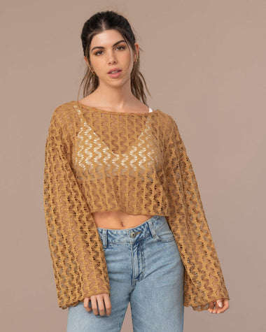 Camiseta crop manga larga con transparencias#color_a89-ocre-oscuro