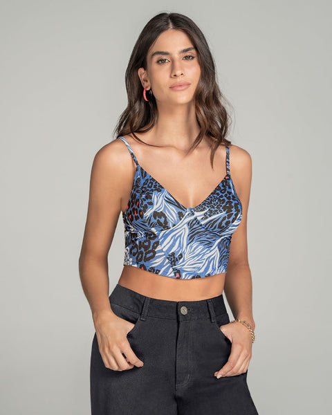 Blusa crop top tipo corset con cargaderas ajustables#color_145-animal-print-azul