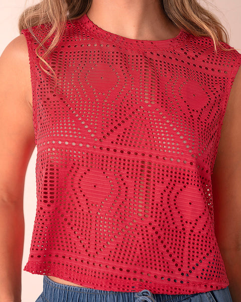 Camiseta crop top manga sisa con transparencia#color_302-rojo