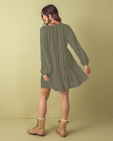 Vestido corto con volumen en mangas#color_198-verde-oliva
