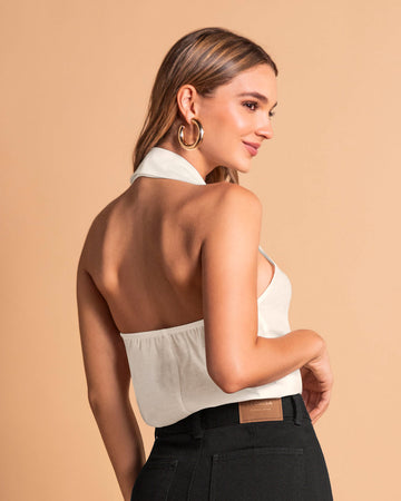 Blusa manga sisa cuello tipo halter con solapa#color_018-marfil
